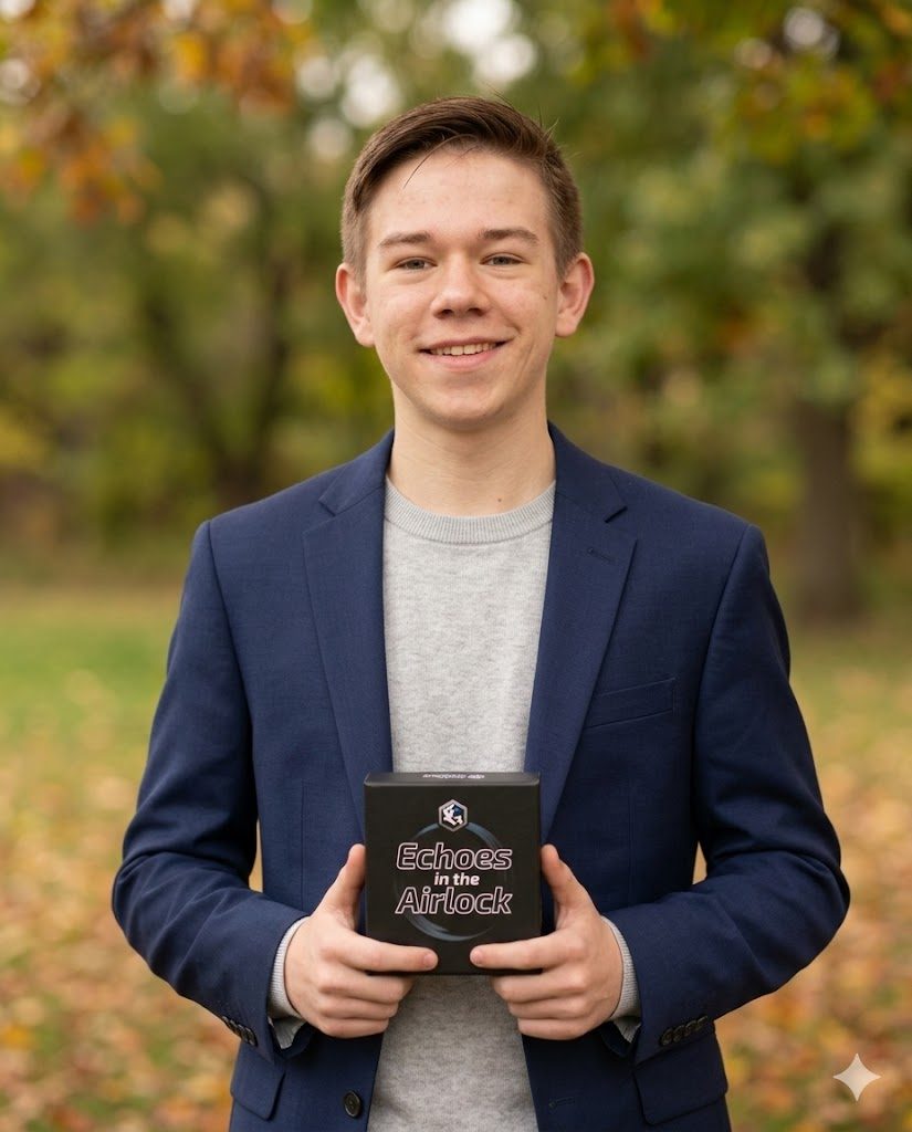 Reece Weitzel, founder of Clipped Studios, holding Echoes in the Airlock